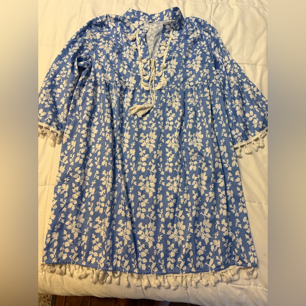 Blue Floral Pom trim beach cover-up